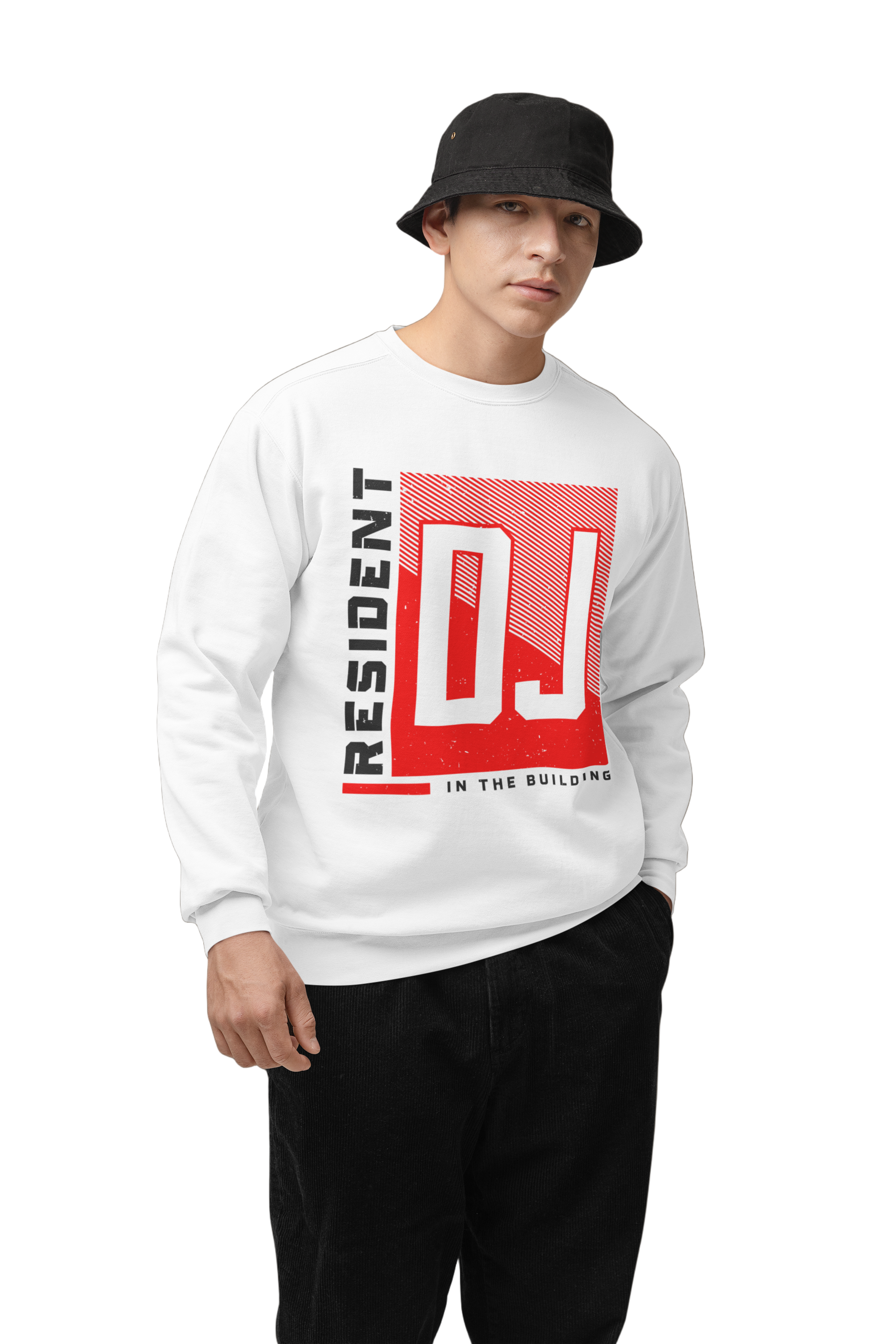 Person wearing a white sweatshirt with a red and black graphic design on a brown background