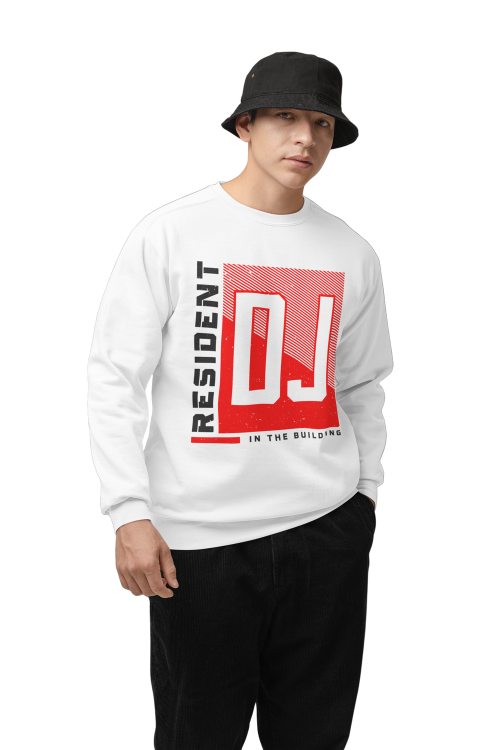 Person wearing a white sweatshirt with a red and black graphic design on a brown background