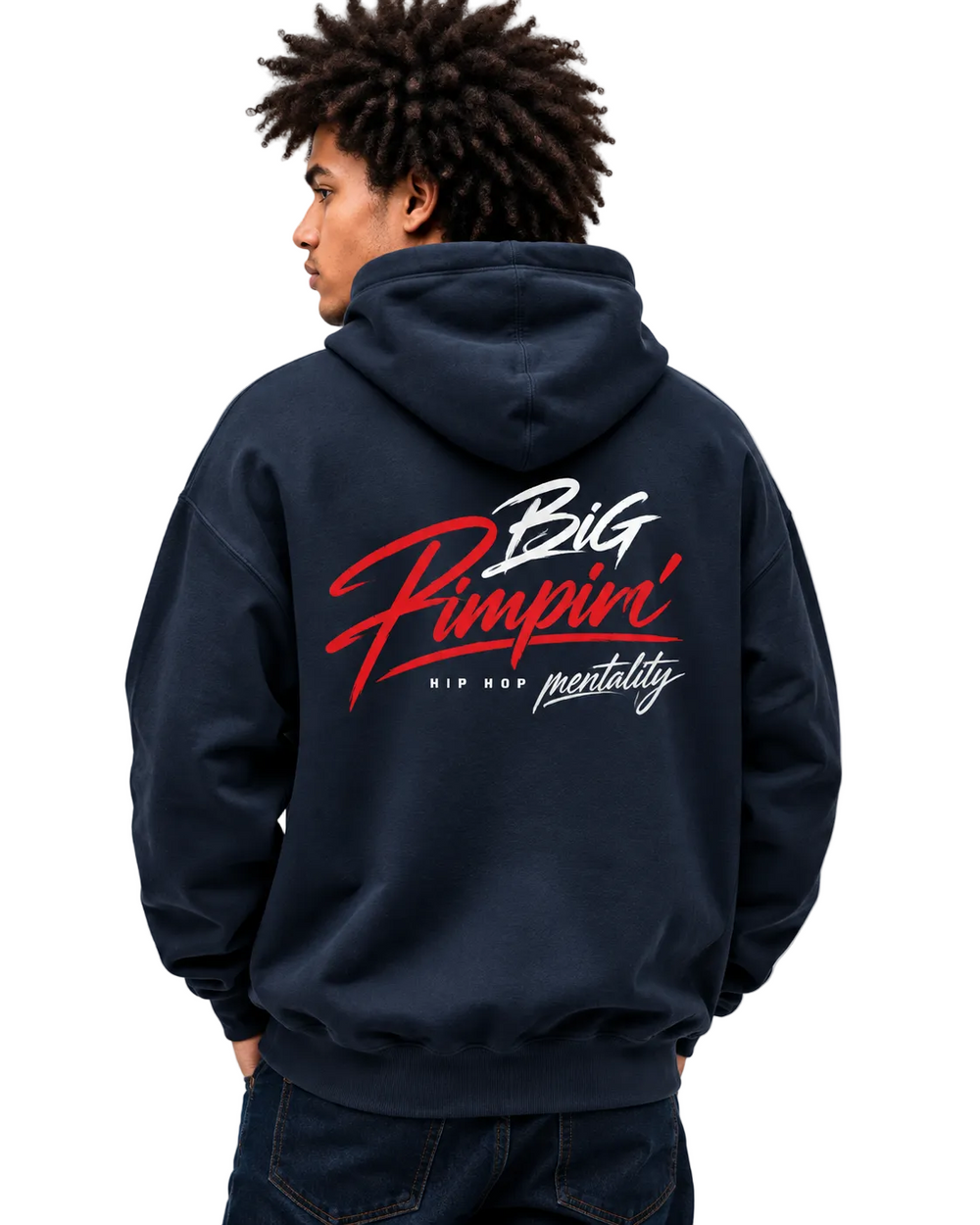 A man wearing a navy blue hoodie from the back, featuring a large graphic print on the back with the words 'Big Pimpin'' in red and white script, and 'hip hop mentality' in smaller white text. The photo is taken against a clean, light gray background.