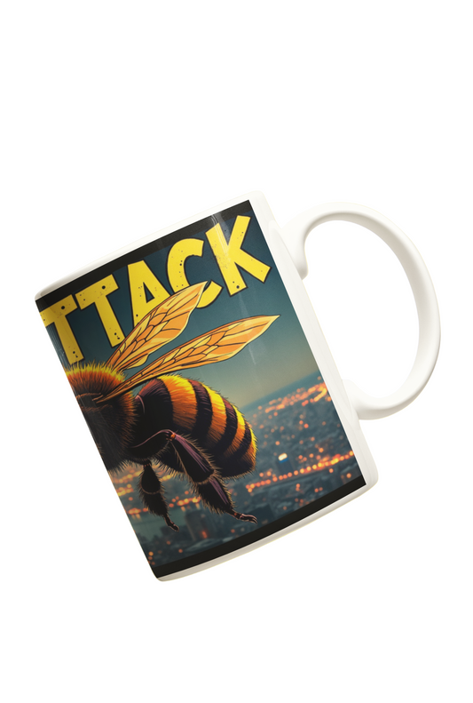 Mug with a bee design and 'ATTACK' text on a yellow background with flowers.