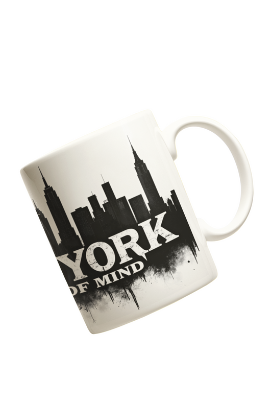 Mug with 'York of Mind' design on a yellow background with white flowers