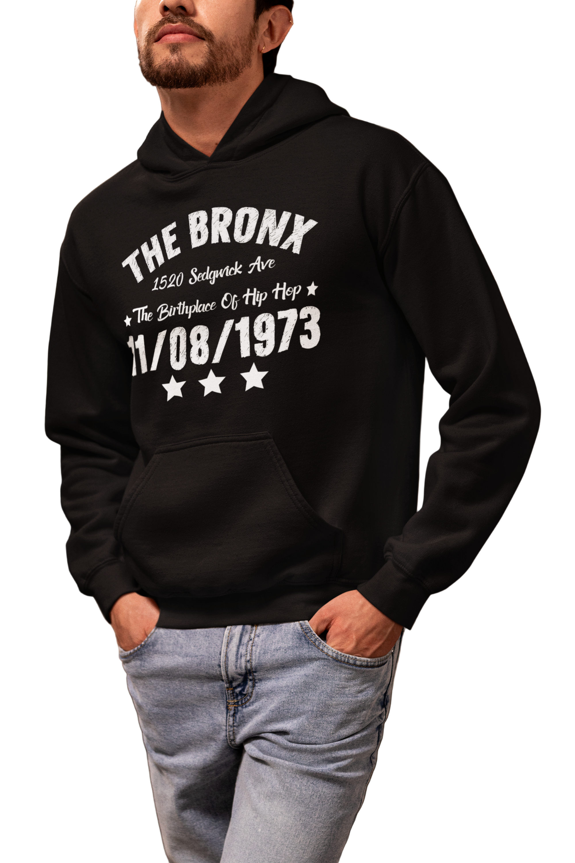 Person wearing a black hoodie with text in an indoor setting