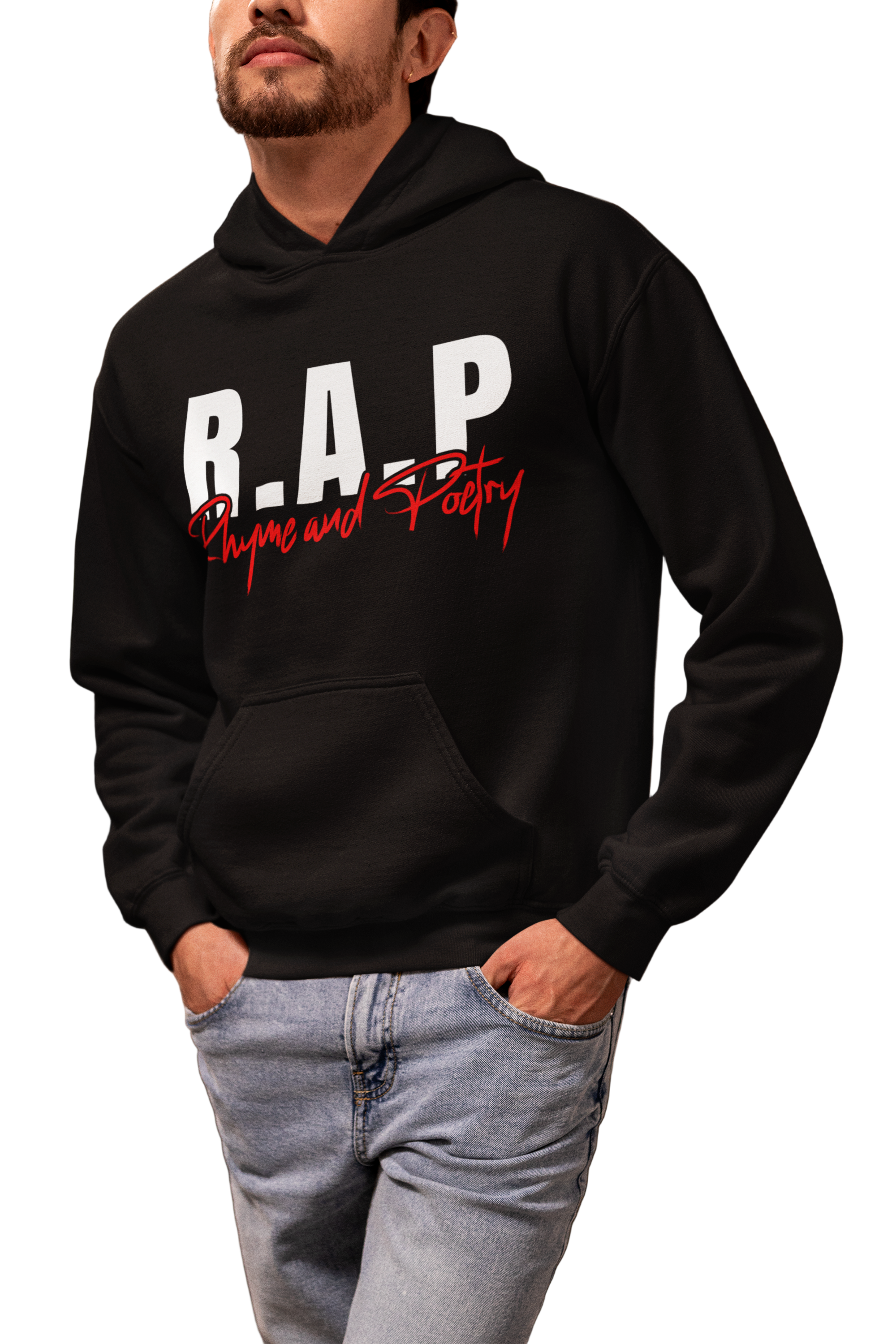 Person wearing a black hoodie with 'R.A.P. Rhyme and Poetry' text, standing in a casual setting.