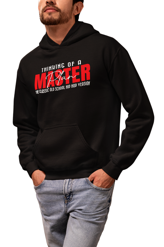 Person wearing a black hoodie with red and white text in an indoor setting