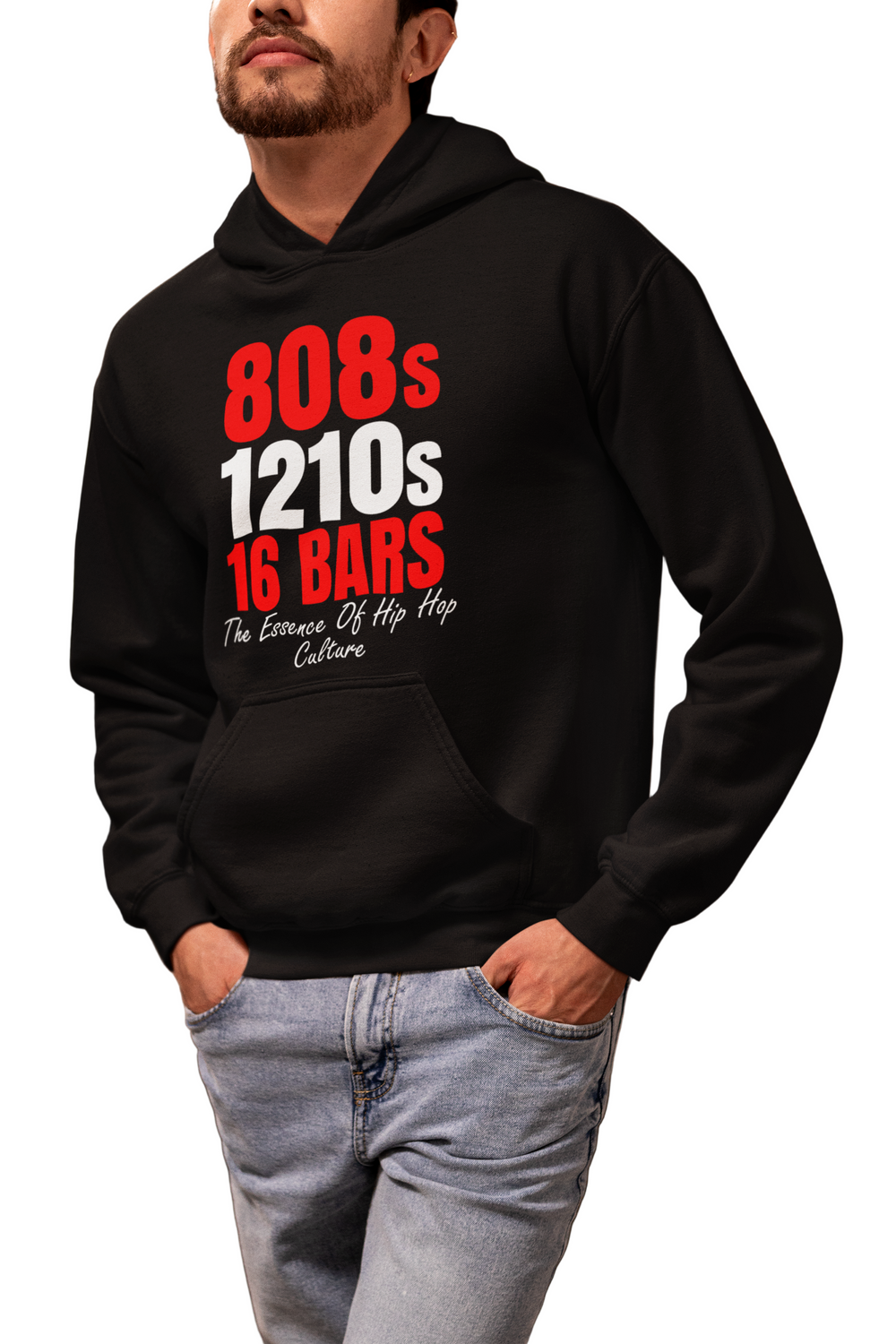 Person wearing a black hoodie with text design, standing indoors.