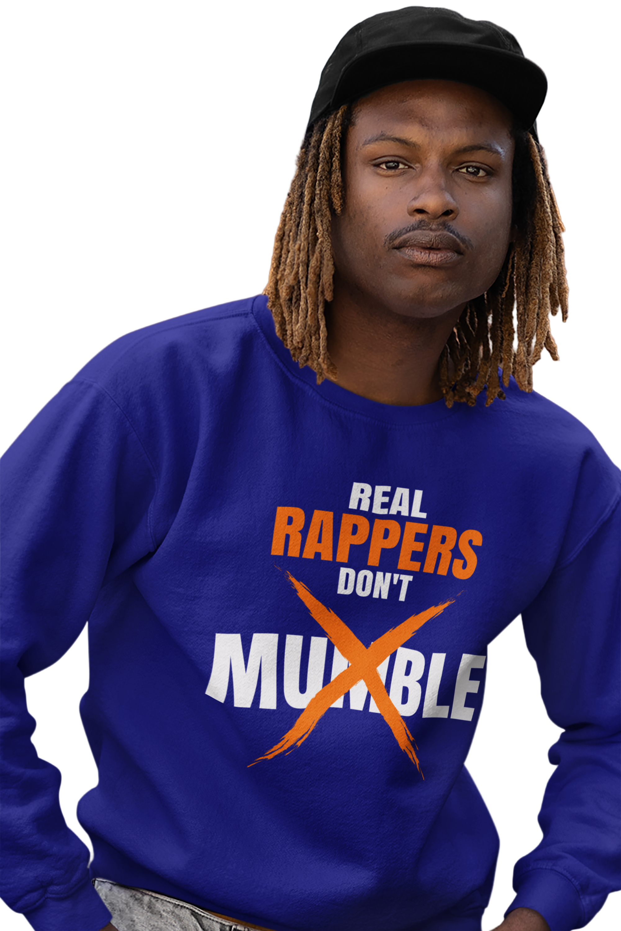 A person wearing a blue sweatshirt with the text 'REAL RAPPERS DON'T MUMBLE' on it.