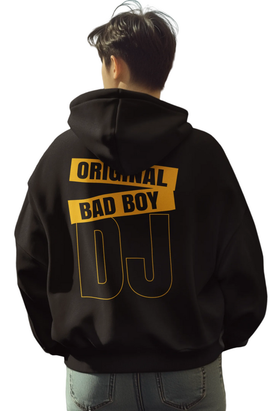 Person wearing a black hoodie with 'Original Bad Boy DJ' text on the back in an urban setting.