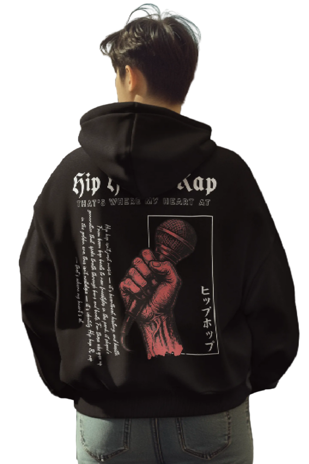 Man wearing black hip hop hoodie