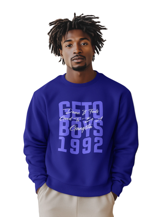 A person wearing a black sweatshirt with the text 'GETO BOYS 1992' in bold blue letters.
