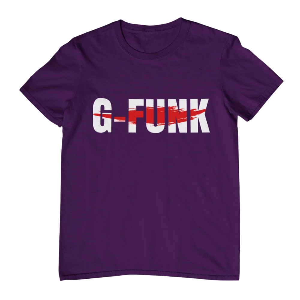 A purple unisex crew neck t-shirt with the text 'G-FUNK' printed in white and red on the front.