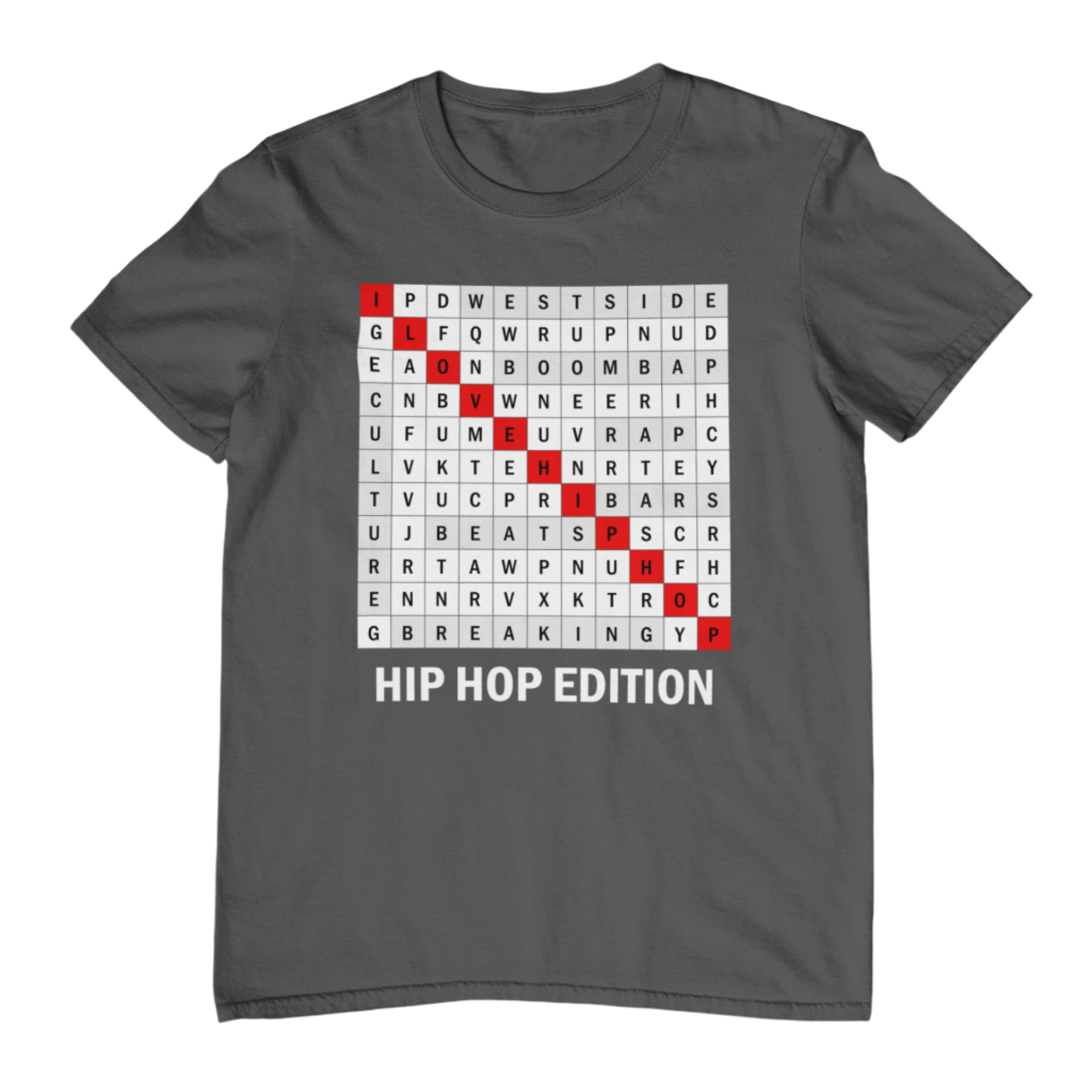 A gray t-shirt with a word search puzzle design featuring words related to hip hop culture, and the text 'HIP HOP EDITION' at the bottom.